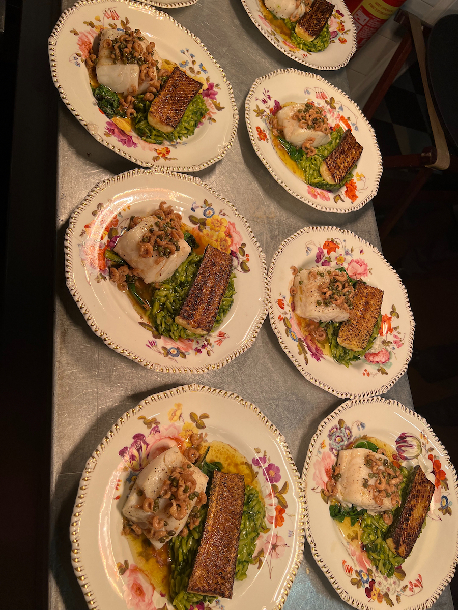 Cod, courgette, brown shrimp butter