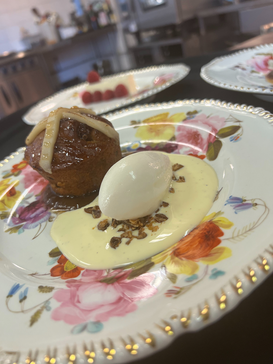 Hot Cross Bun cake, custard